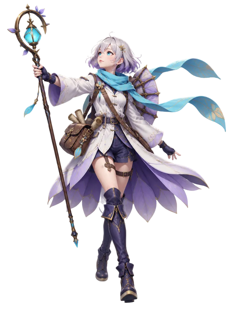 Lys, Wayfinder berambut putih pendek dengan syal cyan, melangkah sambil mengacungkan tongkat penanda berlentera