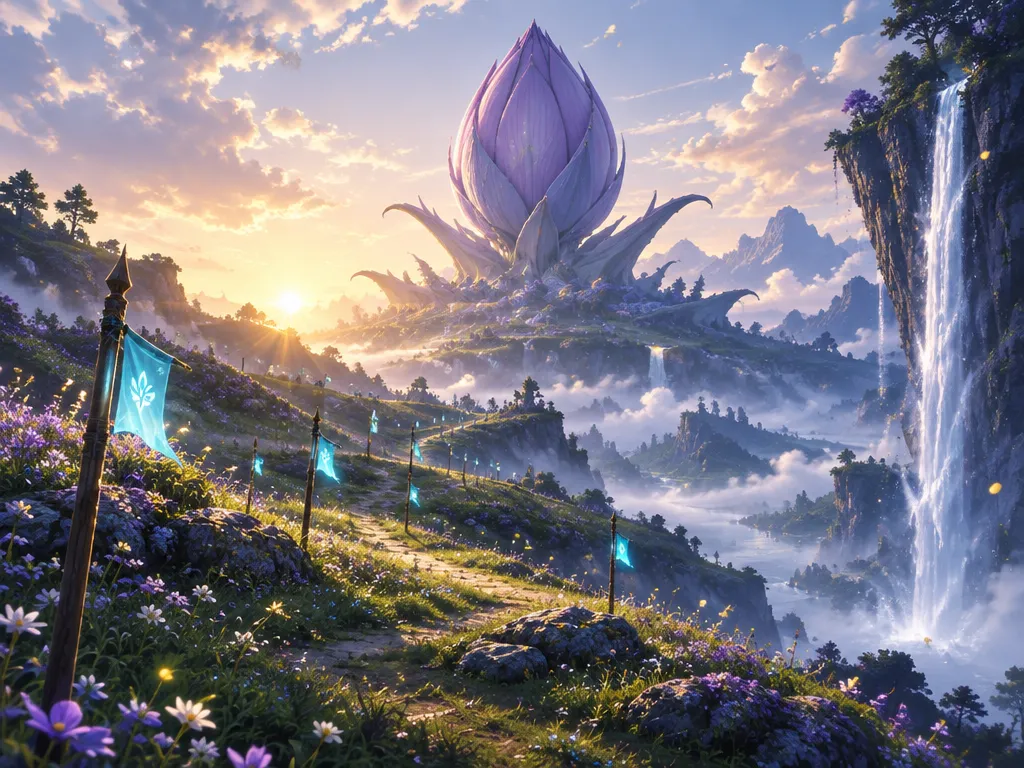 Jalur rumput saat fajar dengan tiang penanda berbendera cyan menuju bunga langit yang masih kuncup